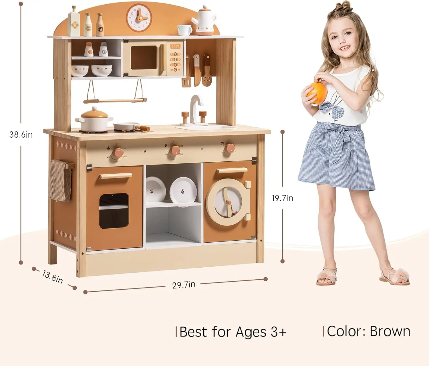 Robotime Wooden Play Kitchen Set Pretend Play Kitchen Wooden Toy Set with Dishwasher for Boys and Girls Ages 3 Brown Blue Pink