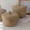 Wicker Seagrass Flower Pot Boxes Sundries Storage Baskets With Lids Weaving Snack Storage Box Jute Wardrobe Table Round Gift Box 4