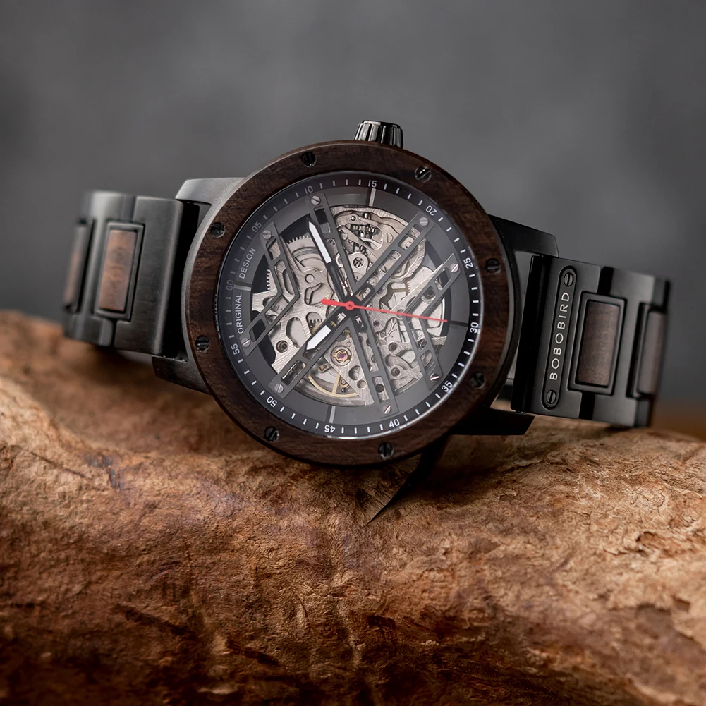 Automatic Mechanical Watch BOBO BIRD New Top Business Men Wooden Wristwatch Unique Engraved Watches Christmas Gift Box