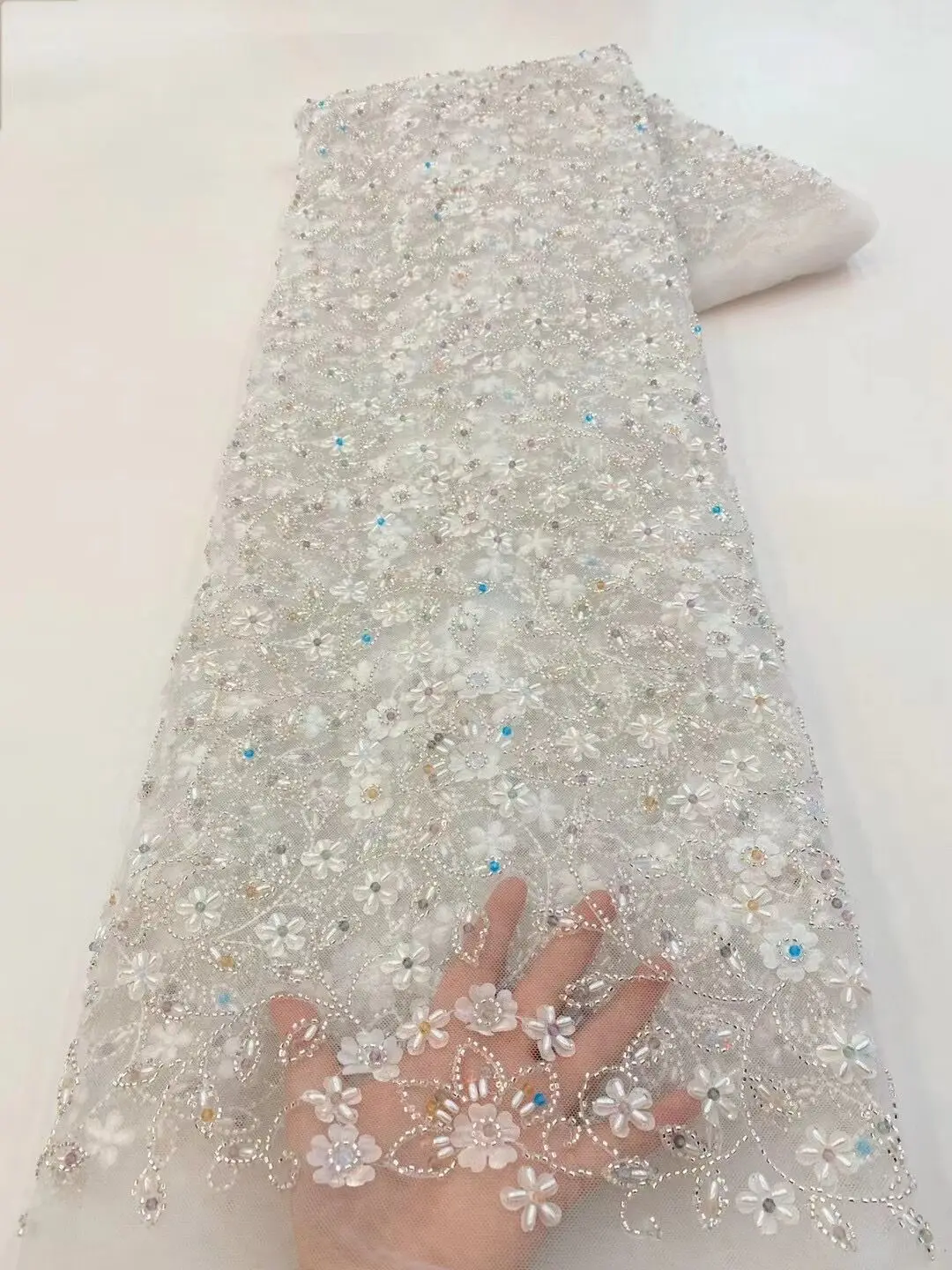 

African ZH-13083010 Beaded Lace Fabric High Quality Nigerian Sequins Tulle Fabric Material For Wedding