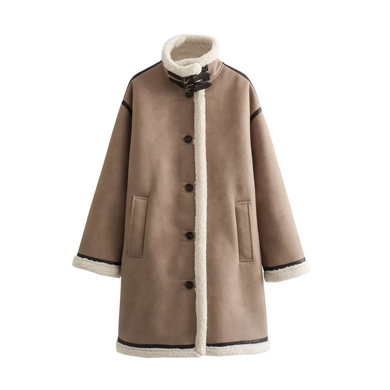 

SLTNX TRAF Turtleneck Coat for Women 2023 Winter Thick Warm Female Single-breasted Heavy Long Jacket Ladies Chic New Outerwear