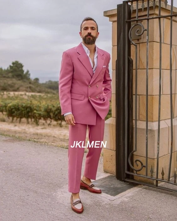 New Designed Pink Blazer Pant Set Fashion Men Suits Double Breasted Formal Costume Homme Italy Style Groom Wedding Tuxedos