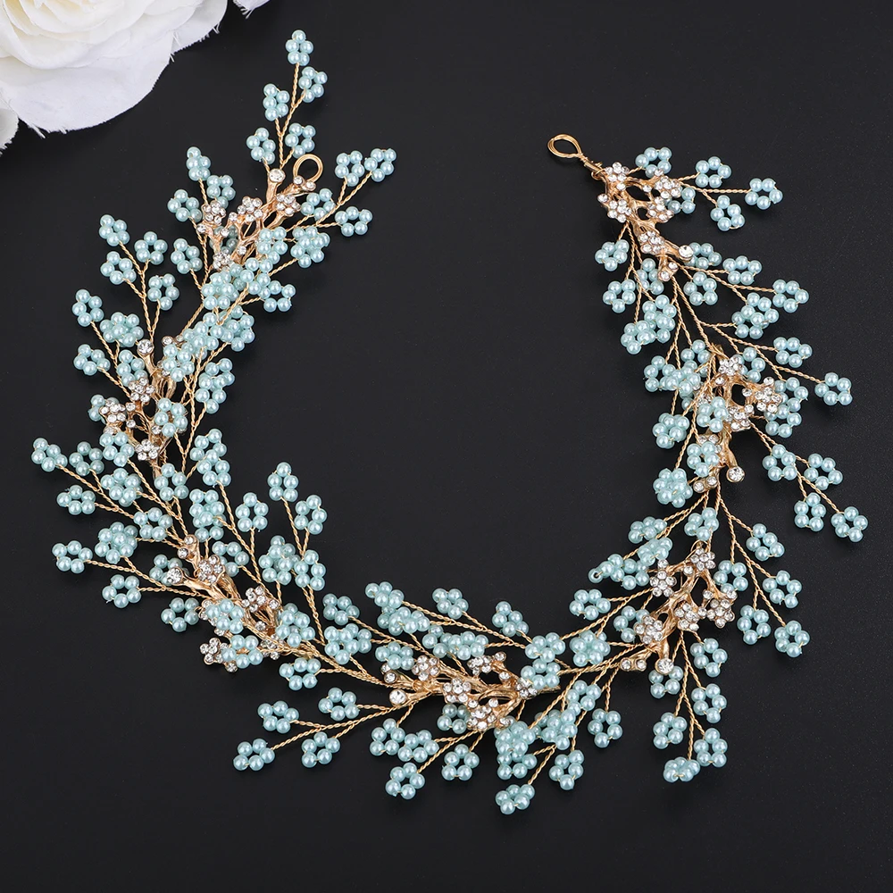 Luxury Handmde Blue Green Pearl Rhinestone Bridal Headband Women Headpiece Guest Wedding Headdress Hair Accessories Party Tiaras