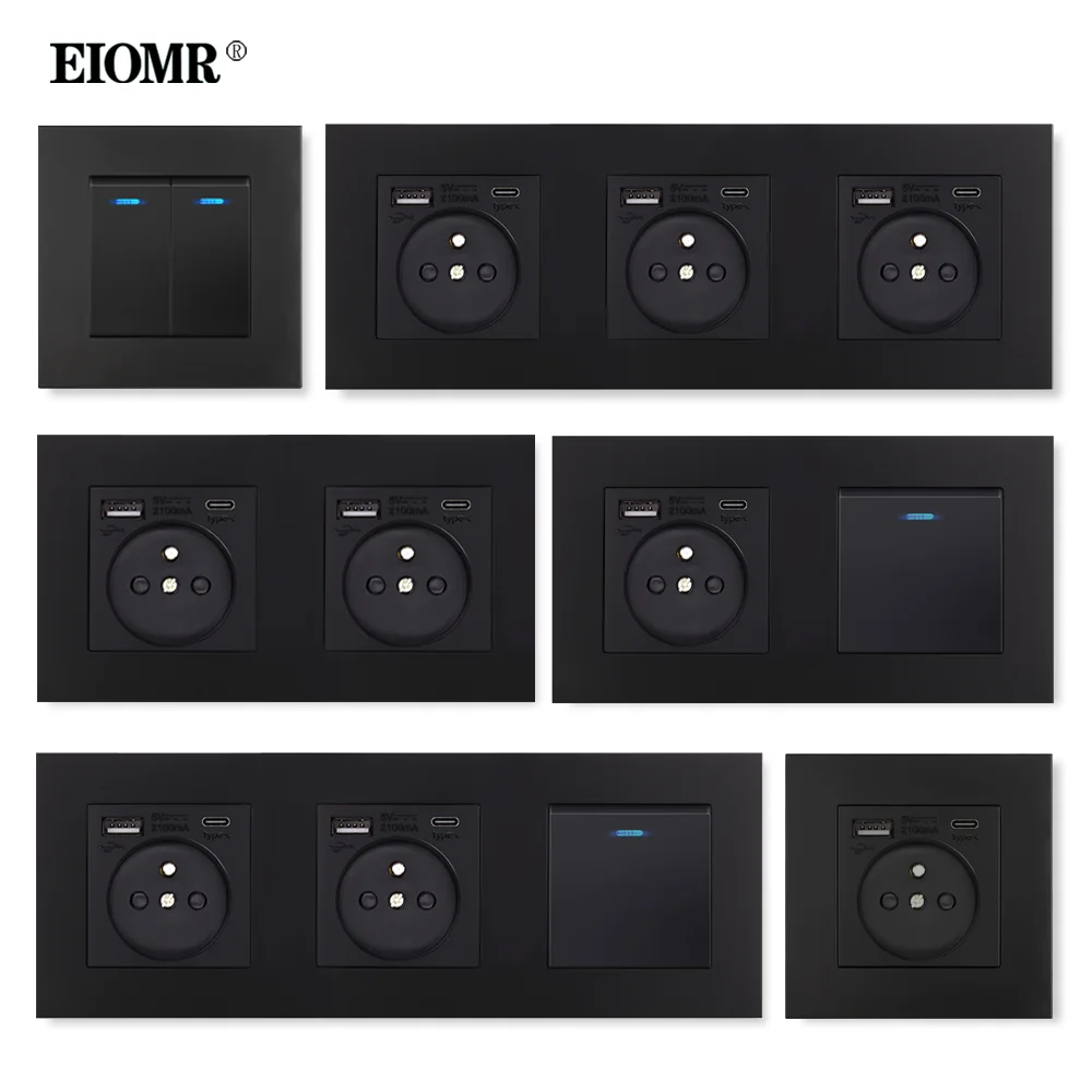 Eiomr Preto com Interruptor de Balancim Tomada Múltipla Combinação ac 110 250v 5v 2.1a 16a Francês Padrão Interruptor de Parede Tomada