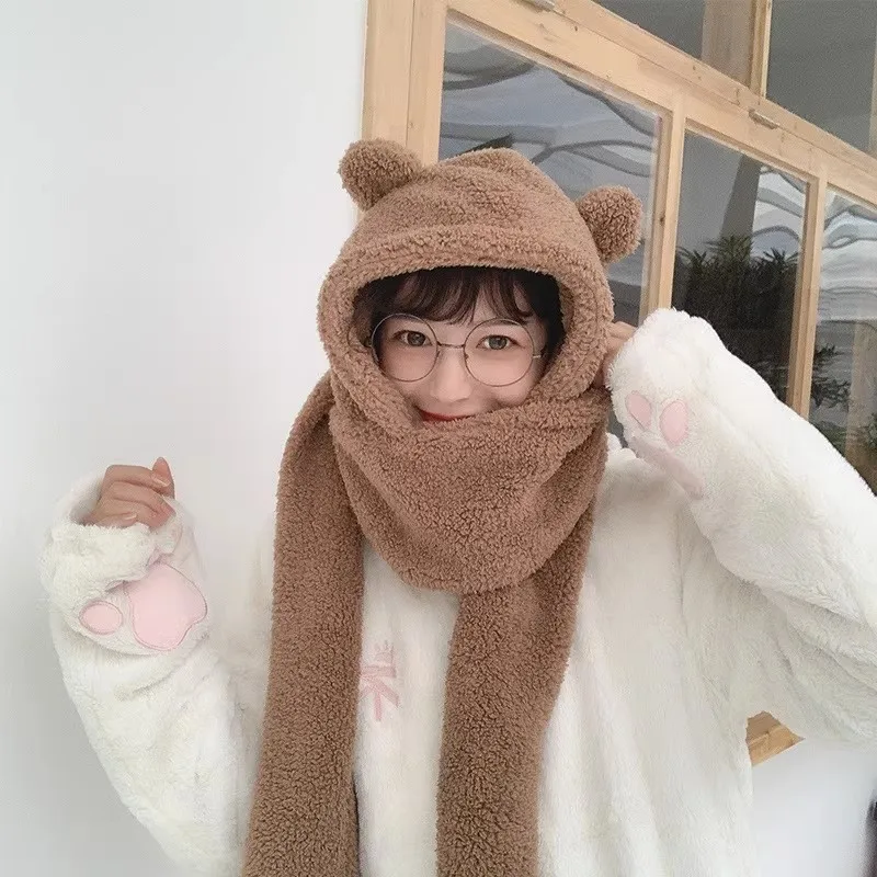 Cute Bear Ears Hat Scarf All-in-one Hat For Women Winter Plush Thickened Warm Ear Protection Scarf 4-piece Set 5