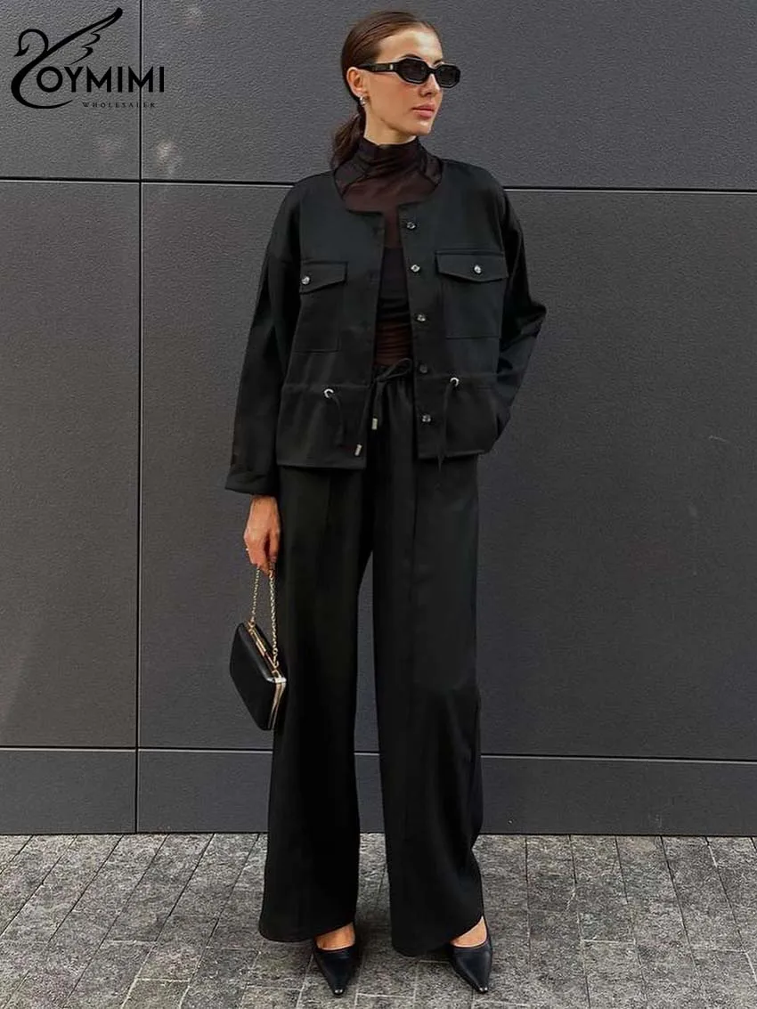 Oymimi Elegant Black Womens 2 Piece Outfit Set Fashion O-Neck Wrist Sleeve Button Pockets Shirts And Drawstring Trousers Sets