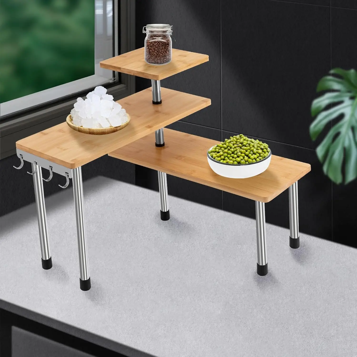 3 Tier Kitchen Corner Shelf, Bamboo Desktop Shelving Organiser, Adjusted 360 Degrees, 4 Side Hooks, for Kitchen,Counter,Bathroom