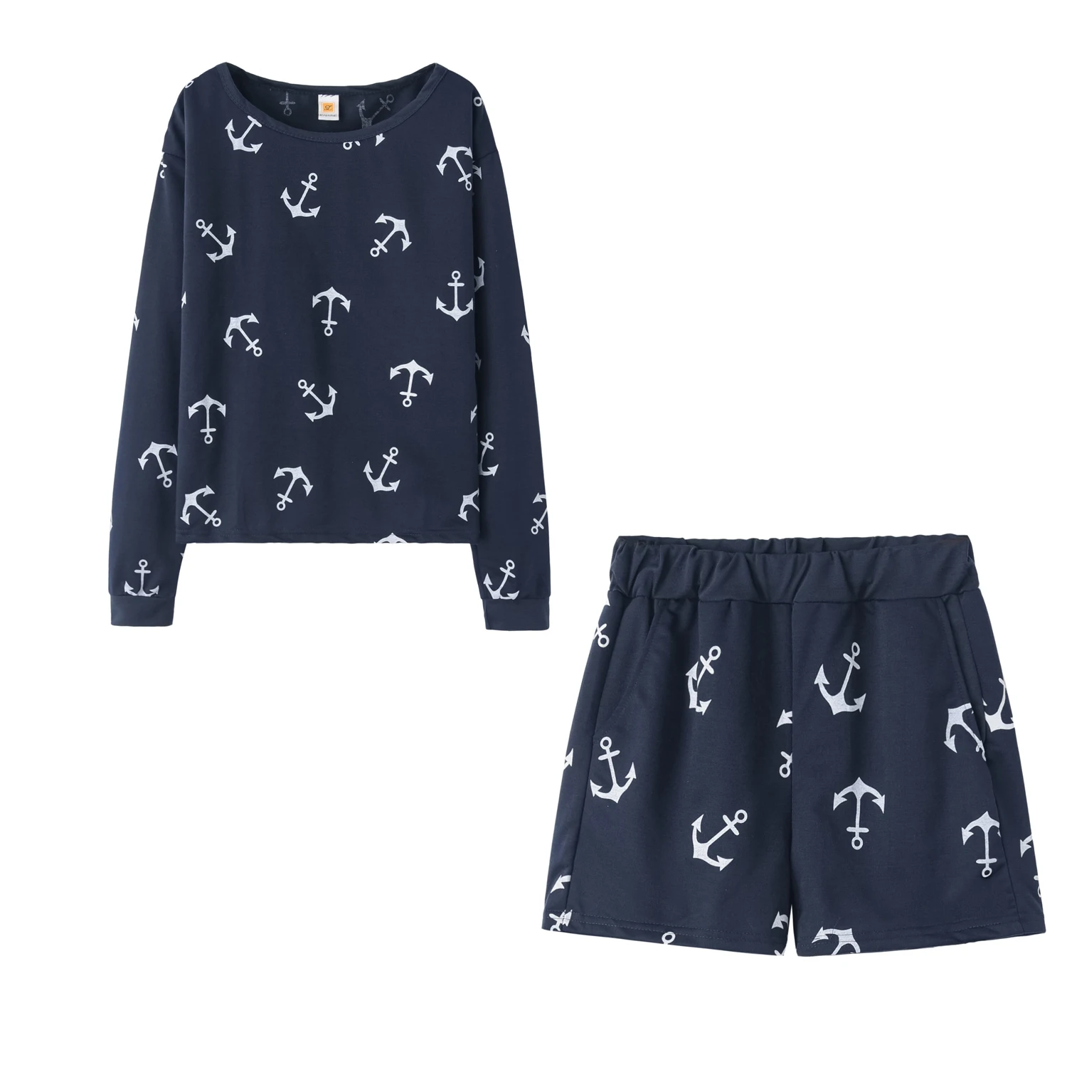 suit shorts  t-shirts women two-piece Hot style women's clothing collar  Boat Anchor printing long sleeve shirt female women