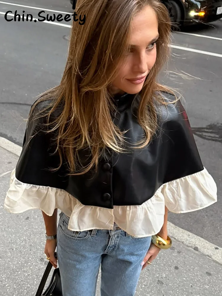 Elegant Women's Mesh Patchwork Leather Cape Stand Collar Half Sleeve ...