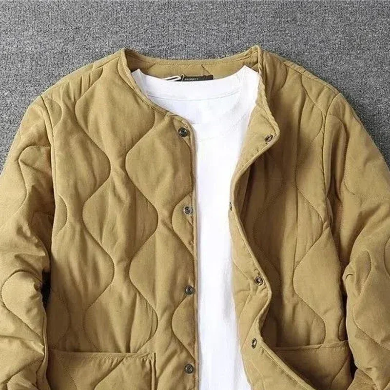 2023 Autumn Winter O-neck Quilted Jacket Men's Versatile  Green  Retro Thickened Coat Men Techwear Button Up Oversize Jacket 3
