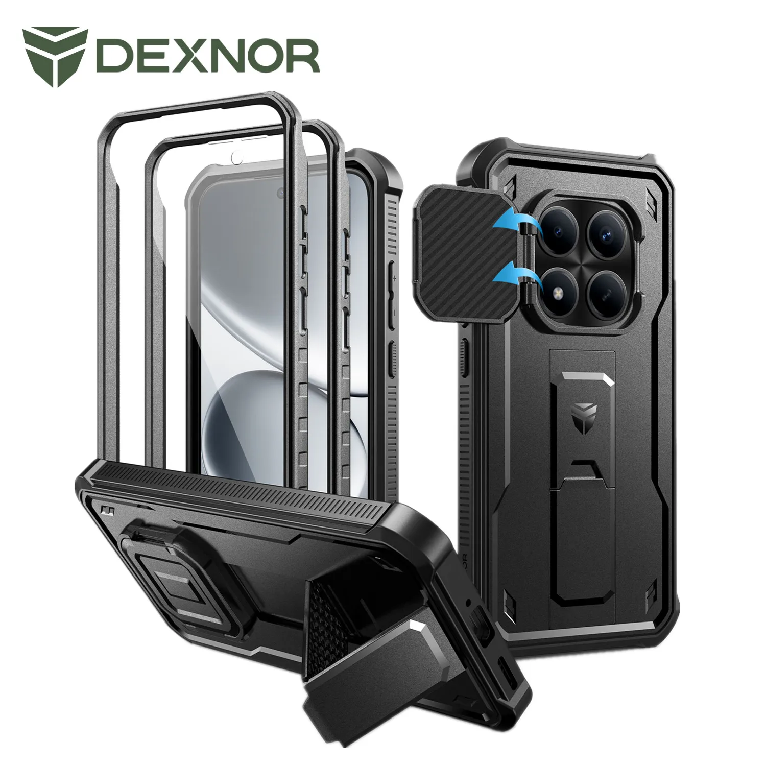 Shockproof Bumper Protective Case with Built-in Sliding Camera Cover, Screen Protector, and Kickstand