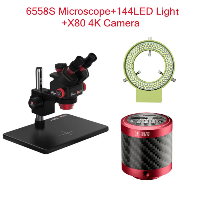 YCS 6558S 6558X 삼안 현미경 대형 베이스 6.5-58배 줌 X80 4K 카메라 모바일폰 PCB 용접 현미경 도구