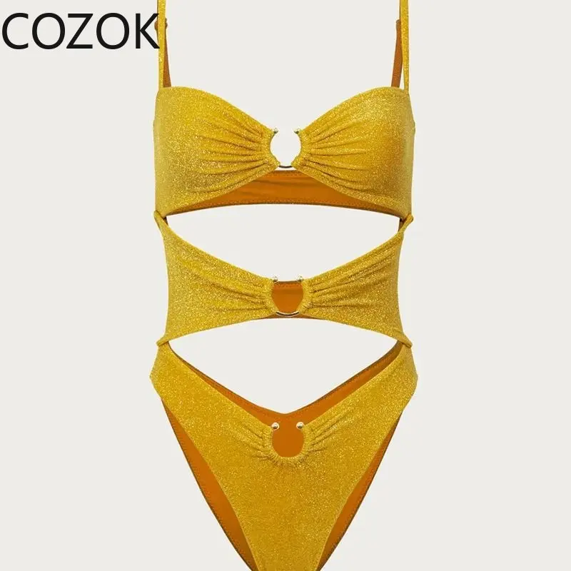 2023 Sexy Solid Gold One Piece Swimsuit Women Swimwear Push Up Bathing Suit Hollow Out Monokini Swimsuit Padded Swimming Suit