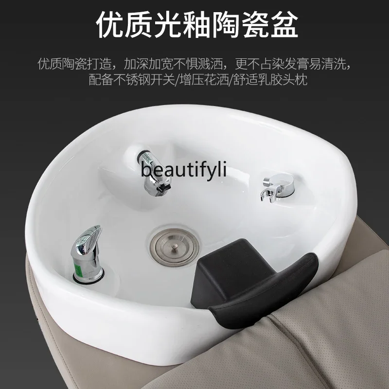 Barber Shop Shampoo Chair Hair Salon Fashion Ceramic Deep Basin Half Lying Flushing Bed for Hair Salon