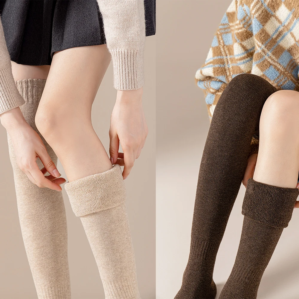 New Winter Women\'s Socks Thickened and Comfortable Terry Warm Knee Guard High Slender Black Beige Leg Over Knee Thigh Stockings