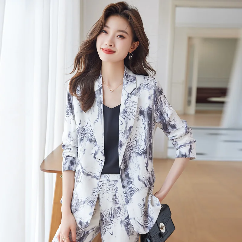 

Женские офисные костюмы с принтом, комплект из 2 предметов, новинка 2023, модные блейзеры с длинным рукавом, винтажные брючные костюмы с высокой талией