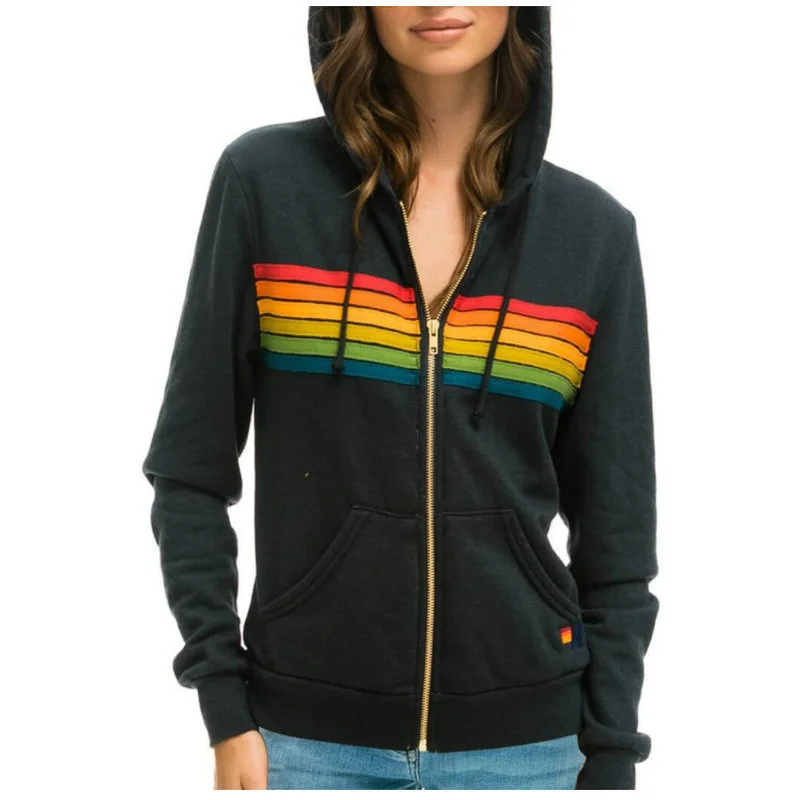 2024 AVIATOR NATION Women\'s 5 Stripe Rainbow Long Sleeve Zip-up Stitch Pullover Breathable Hoodies Sweatshirt