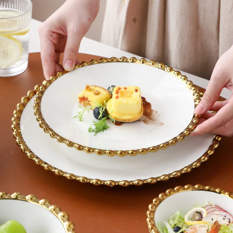 Nordic Ceramic Plates and Bowls Set Gold Round Dot Edge Steak Plate Salad Tableware Dessert Bowl Home Dinner Dishes