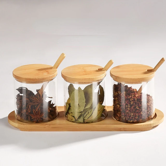 Condiment Jars with Lids , Spoons , and Tray. Containers for