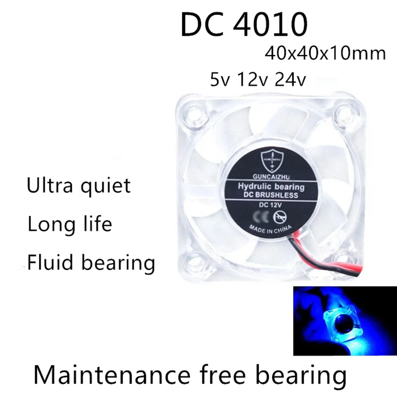 DC 4010 40x40x10MM Transparent LED Light Emitting Hydraulic 5V 12V 24V  5000RPM 0.05A Mobile Phone Radiator Cooling Fan 2PIN