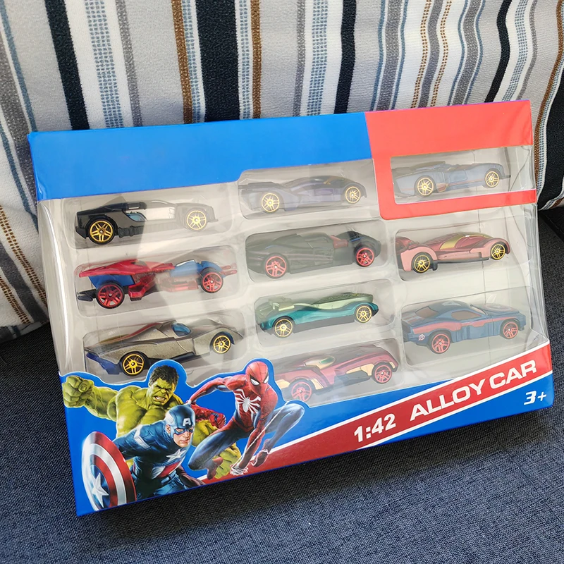 Chaud 10 pièces ensemble 1:42 alliage mixte en plastique jouer modèle voiture les Avengers Iron Man Spider-Man Captain America jouet cadeau pour enfants garçons
