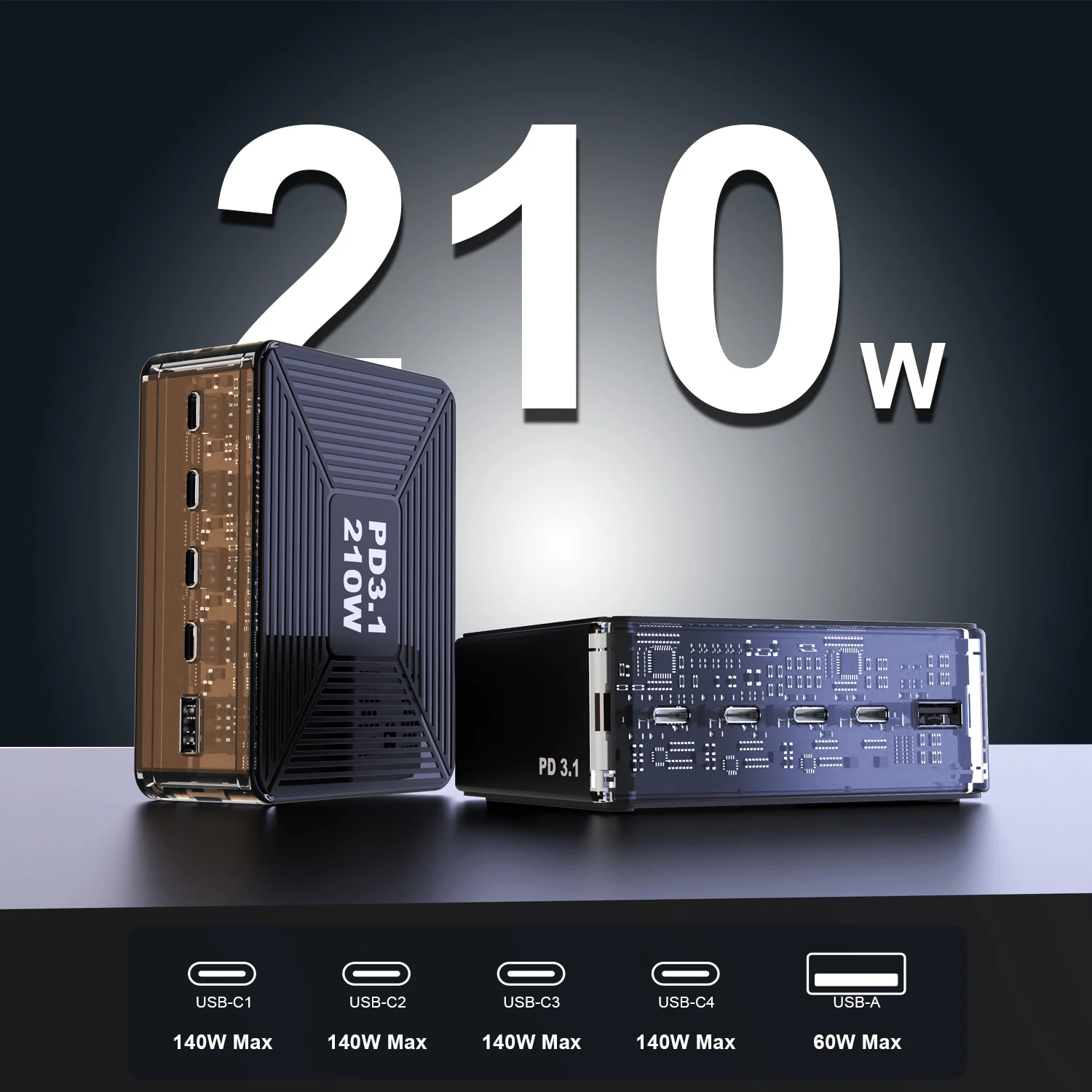 UHOMEBUY 210W PD 3.1 GAN Desktop Charger USB Type C Fast Charging Station for MacBook Pro Lenovo iPhone Samsung S23 Phone Tablet