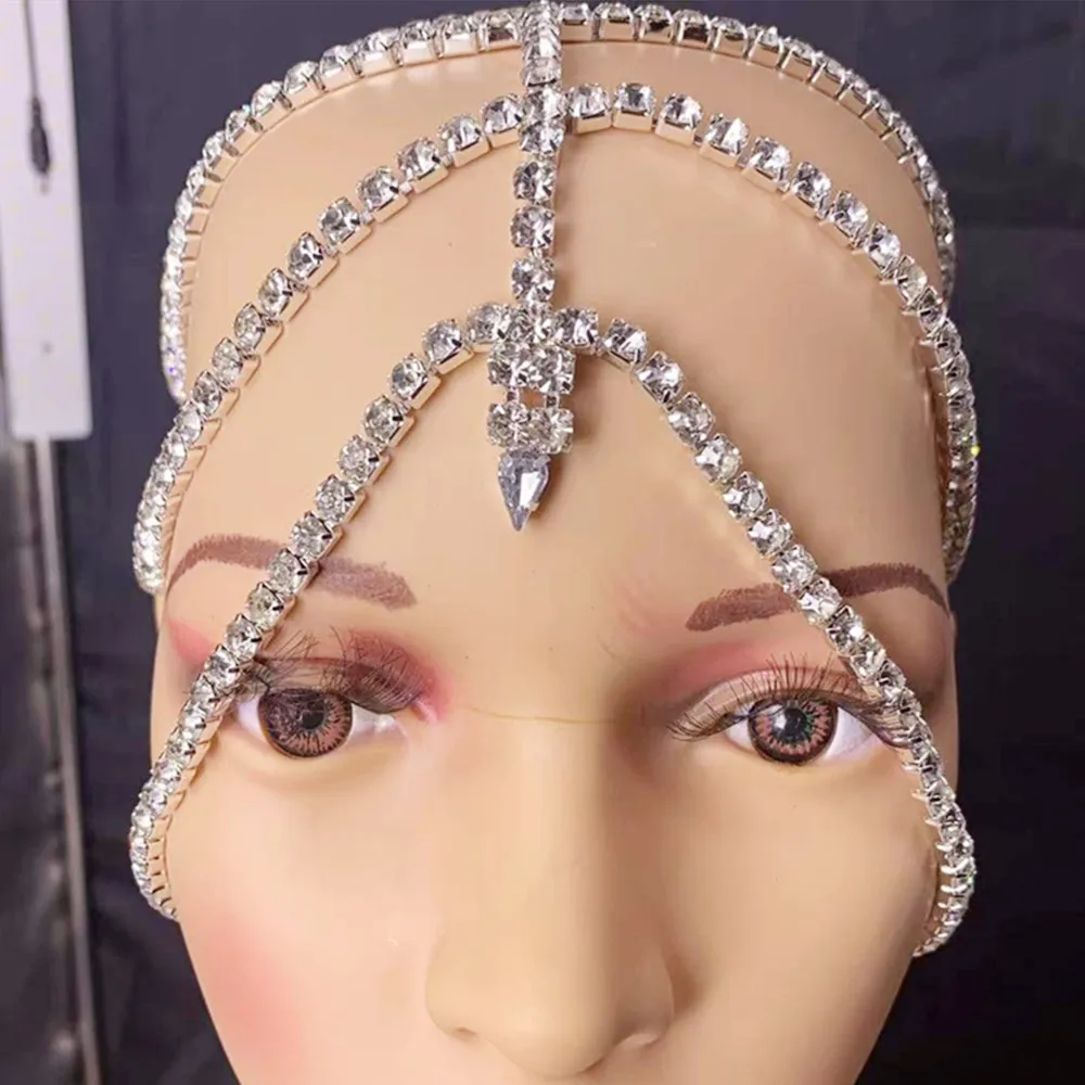 Shiny Rhinestone Multi-layer Bridal Headpiece Forehead Head Chain Jewelry for Women Crystal Hollow Headband Cap Hat Accessories