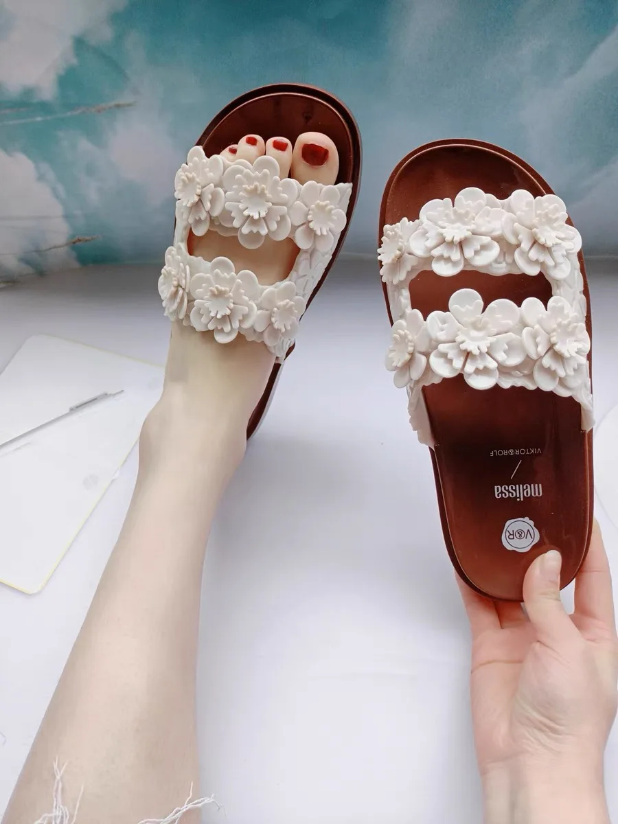 New Women's Melissa Slippers Fashion Female Bottom 3D Flower Beach Shoes Ladies Princesses Jelly Sandals - AliExpress