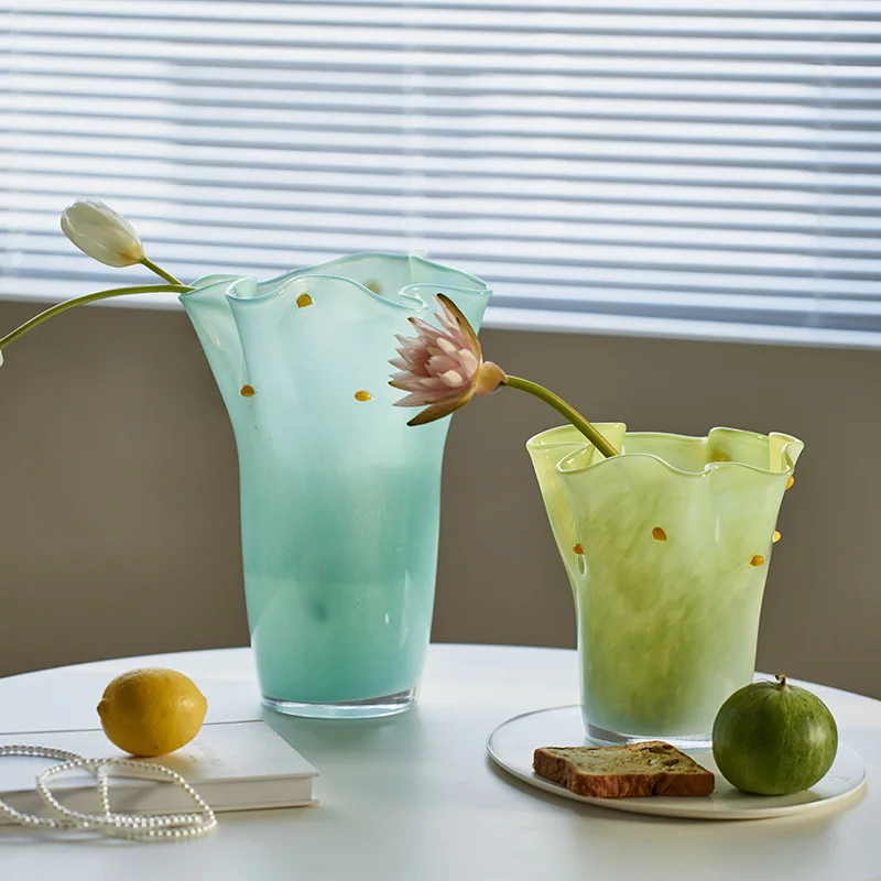 Glass Vase Hand Wavy Edge Pleated Gradient Color Hydroponic Glass Bottle Flower Vase Terrarium Home Decoration Accessories 5