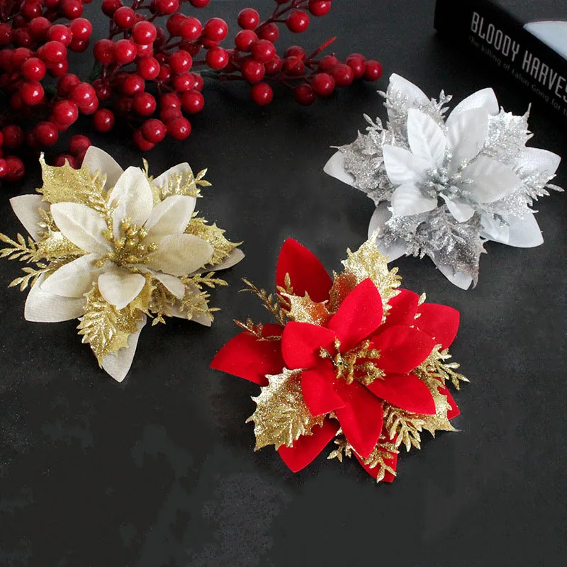 3pcs of Christmas Artificial wealth flower Glitter Silver gold red colors Xmas tree decoration home garden school mall DIY decor