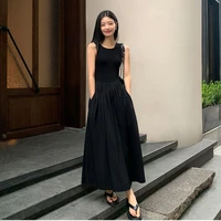 Robe mi-longue noire vintage pour femmes, style de vacances, col rond, poches décontractées, vêtements de bureau pour femmes, nouveau 2