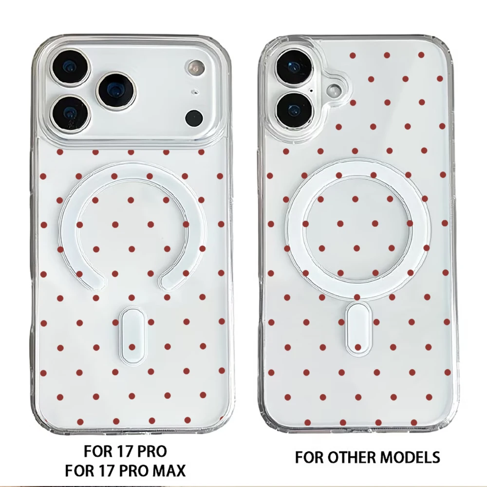 Mini Red Polka Dot MagSafe Phone Case with Leather Card Holder
