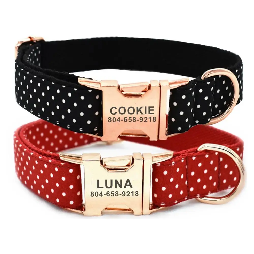 Personalized Pet Collar White Dot Puppy Cat ID Tag Adjustable Custom Name Rose Gold Buckle Red Black Basic Dog Collars Leash Set
