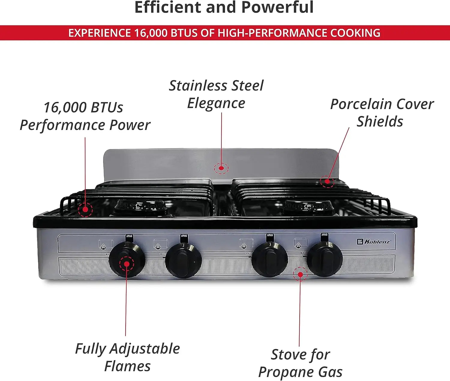 Portable Porcelain Cover and Four 16,000 BTU Burners, Stainless Steel Stove for Propane Gas 4