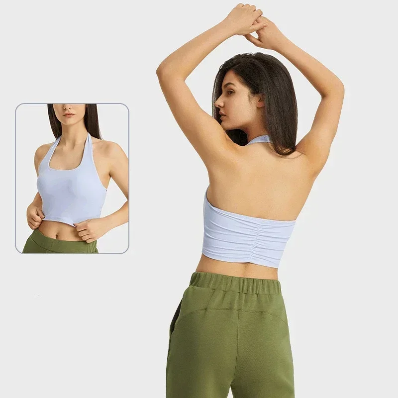 Lemon Low Support Halter Strap Padded Sports Bras For Women Buttery Soft Backless Sexy Crop Tank Tops Built In Bra Gym Yoga Top