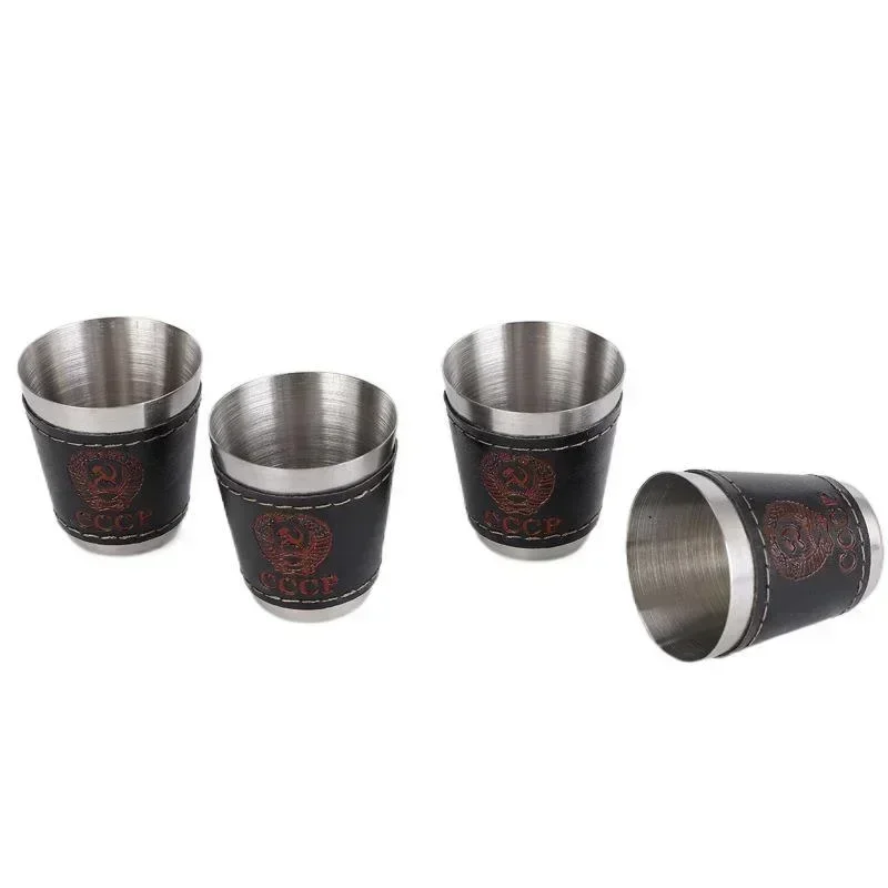 4pcs Vodka Cup 304 PU Holster Russia Stainless Steel Mini Wine Tumbler Portable Personalized 30ml Shot Glass Set Outdoor Product shot glasses,drinking vessels