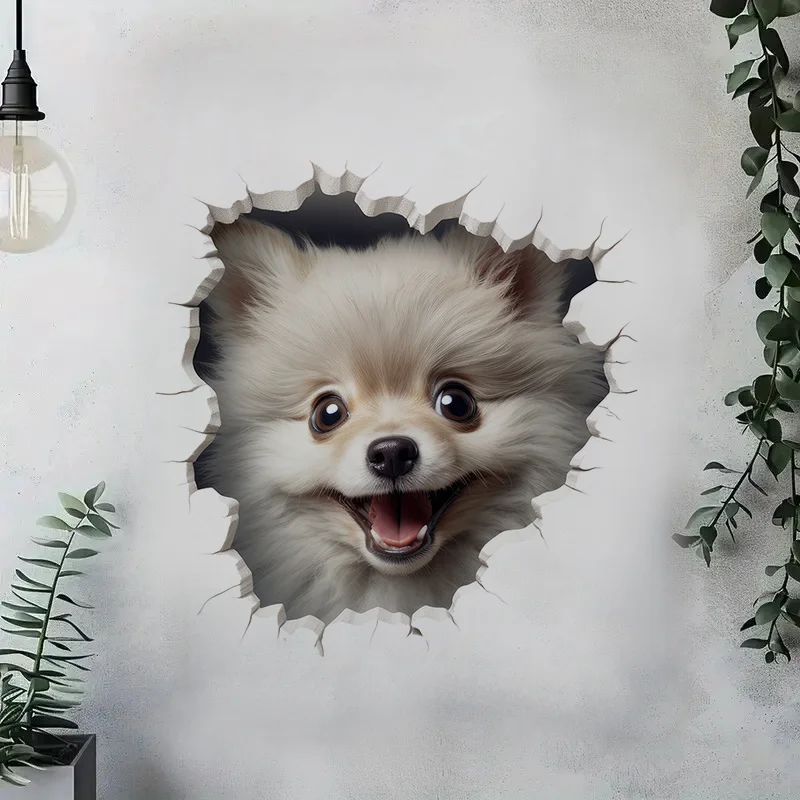 90906# Cute Pomeranian Dog Break the Wall Sticker, Durable Material, Perfect for Home Wall Decor, Aesthetic Room Decoration