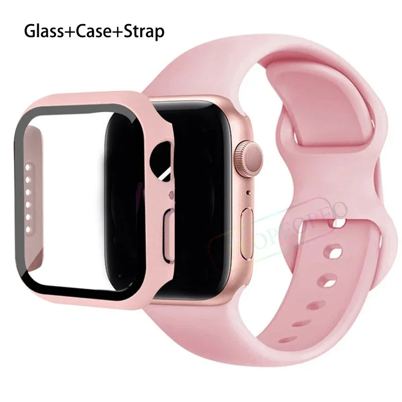 Premium Silicone Apple Watch Band with Glass Case and Strap - Compatible with All Series