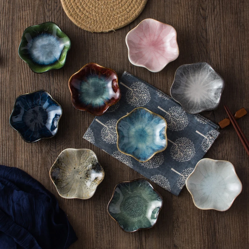 Gaolinci Lot de 4 plats en céramique craquelée en forme de lotus pour assaisonnement, sachets de thé, ketchup, apéritif, vinaigre, épices, salade, soja, sushi, wasabi, assaisonnement, 10,2 cm