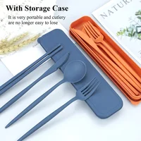 4Pcs Wheat Straw Dinnerware Set Portable Tableware Knife Fork Spoon Eco-Friendly Travel Cutlery Set Utensil Box Chopsticks Set 2