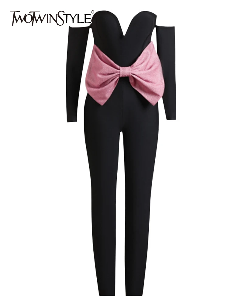

TWOTWINSTYLE Spliced Bow Jumpsuits For Women Strapless Long Sleeves Cold Shoulder High Waist Pencil Pants Slim Jumpsuit Female
