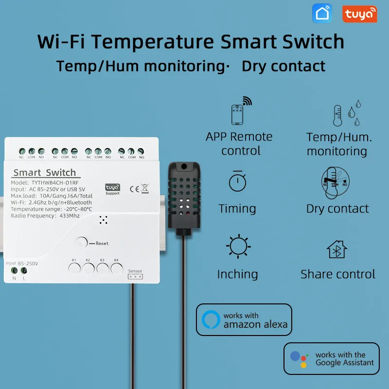 Tuya Smart WiFi 4 Channel Relay With Temperature Humidity Sensor Passive Dry Contact Switch RF433  Alexa Alice Compatible