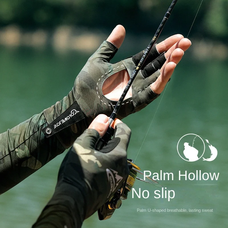 Summer Ice Silk Fishing Gloves for Men Outdoor Breathable Wear Resistant Hollow Anti Slip Sun Protection Gloves XG70