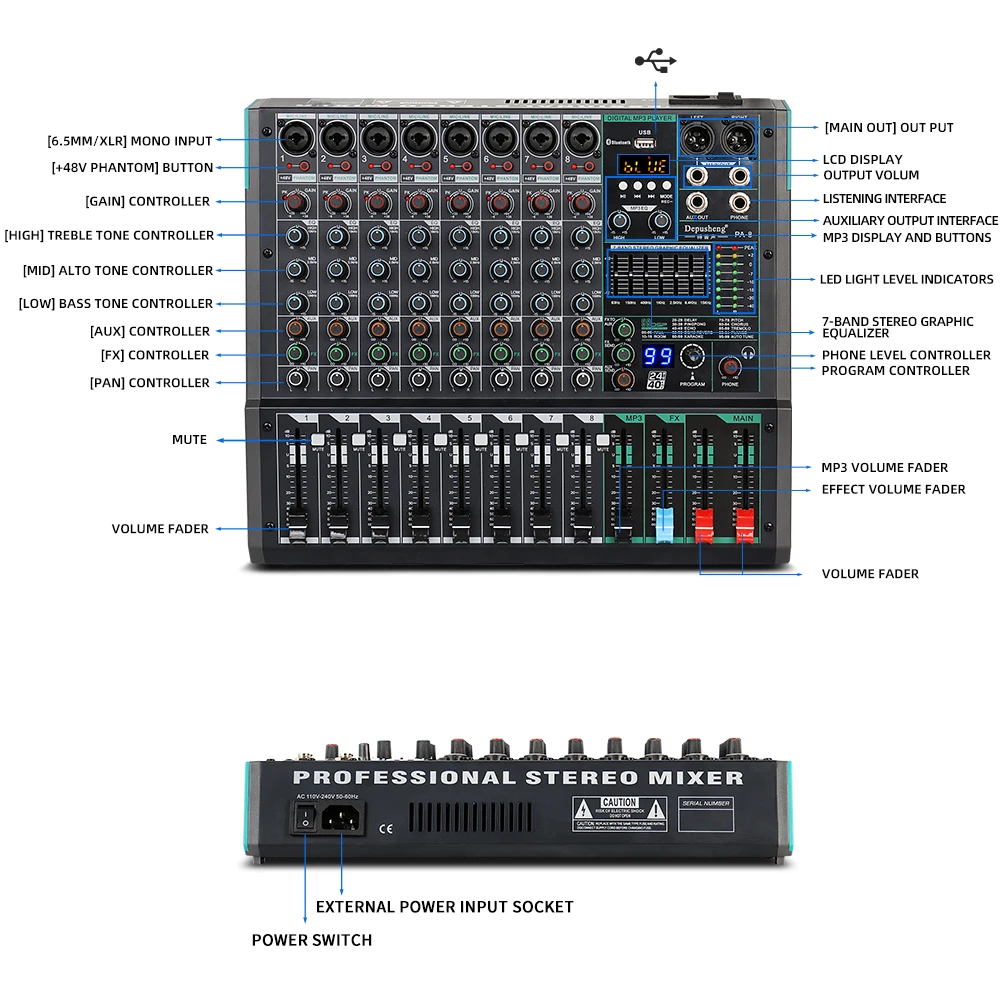 Professional Audio Mixer Depusheng PA8 8 Channel Sound Board Console DJ Mixing Desk System Interface Built-in 99 Reverb Effect