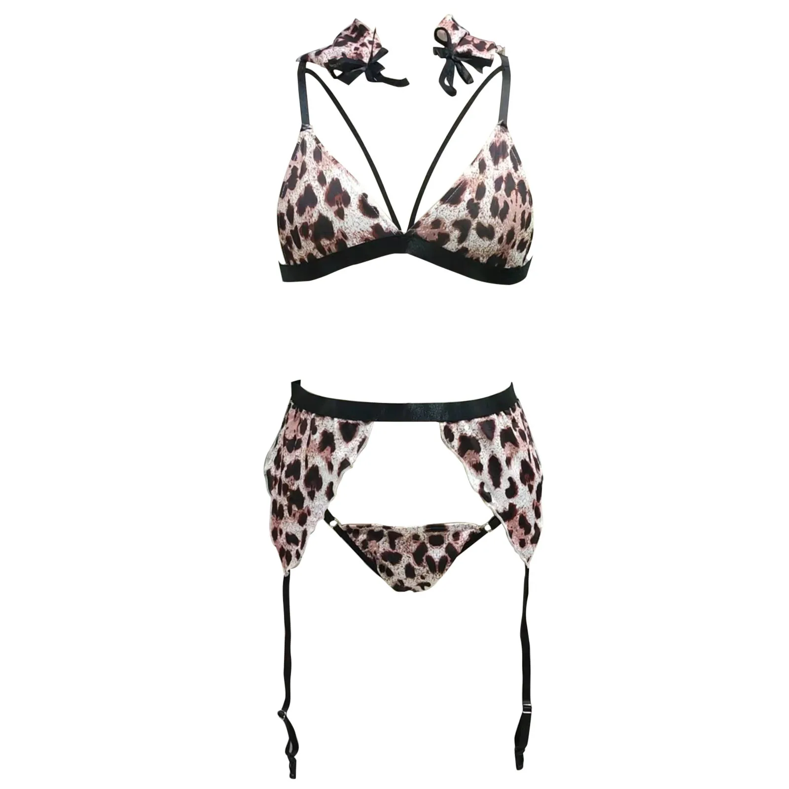 Women Lingerie Set Leopard Print Underwear Bra And Panty Garters With Belt&Wrist Plus Size Sexy Lingerie For Women Porn Babydoll