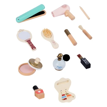 Baby Wooden Girls Make Up Set Toys Pretend Play Cosmetic Bag Beauty Hair Salon Toy Makeup Tools Kit for Christmas Gifts