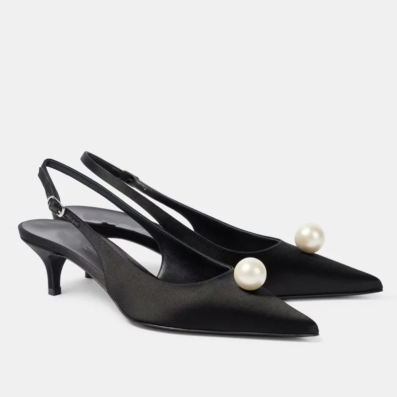 New Sexy Women Kitten Heels Pumps Shoes Sandals Slingbacks Satin Pointed Toe Party Wedding Pearls Shoe Office Black 34-45