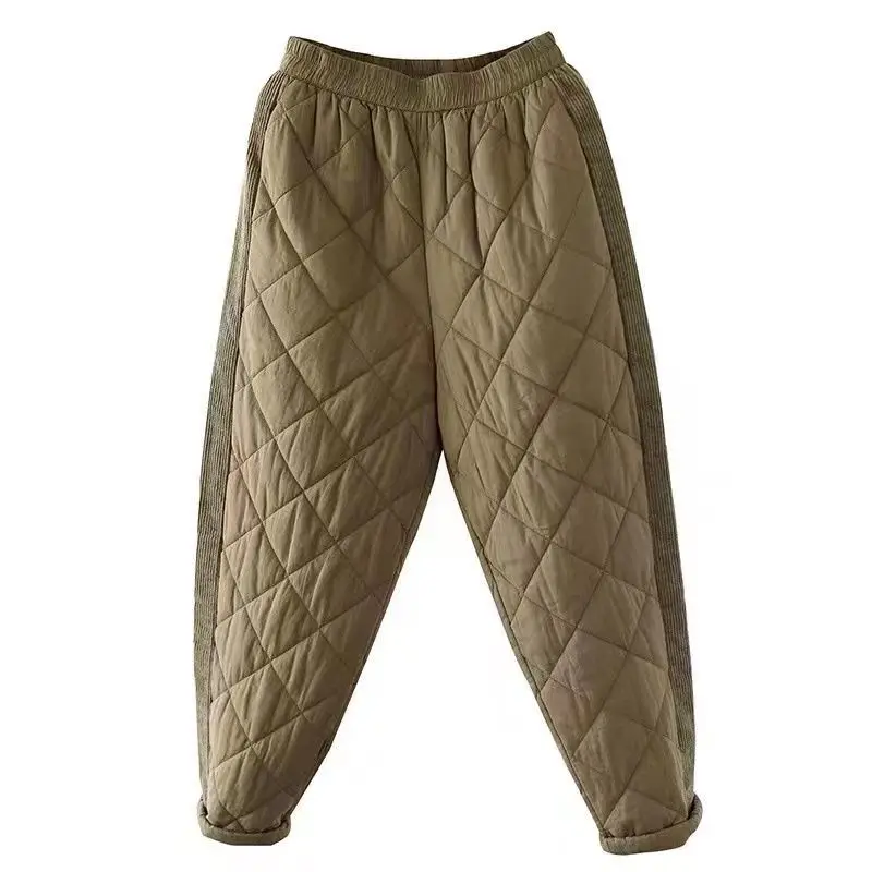 2023 Winter New Korean Fashion Solid Color Diamond Grid Spliced Velvet Elastic Waist Warm Clip Cotton Pants for Women