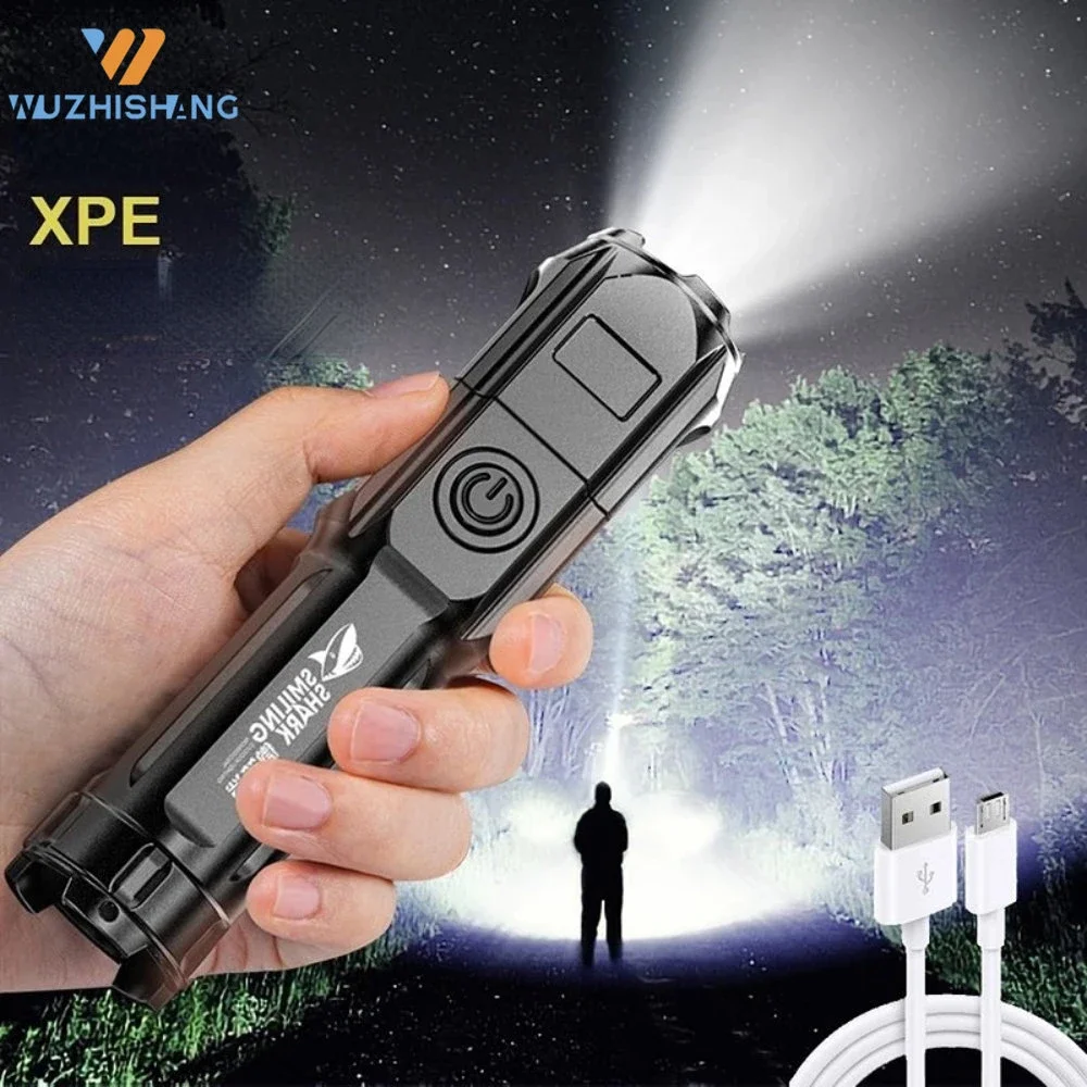 강력한 LED 손전등 100 루멘 전술 손전등 충전식 USB 18650 방수 줌 낚시 사냥 LED 손전등