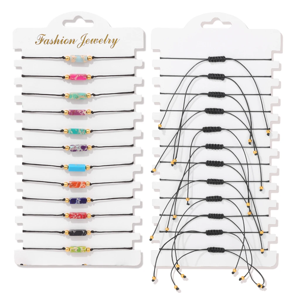 Colorful Natural Stone Adjustable Rope Bracelets - Handmade Bohemian Set with Cards (12 Pieces)